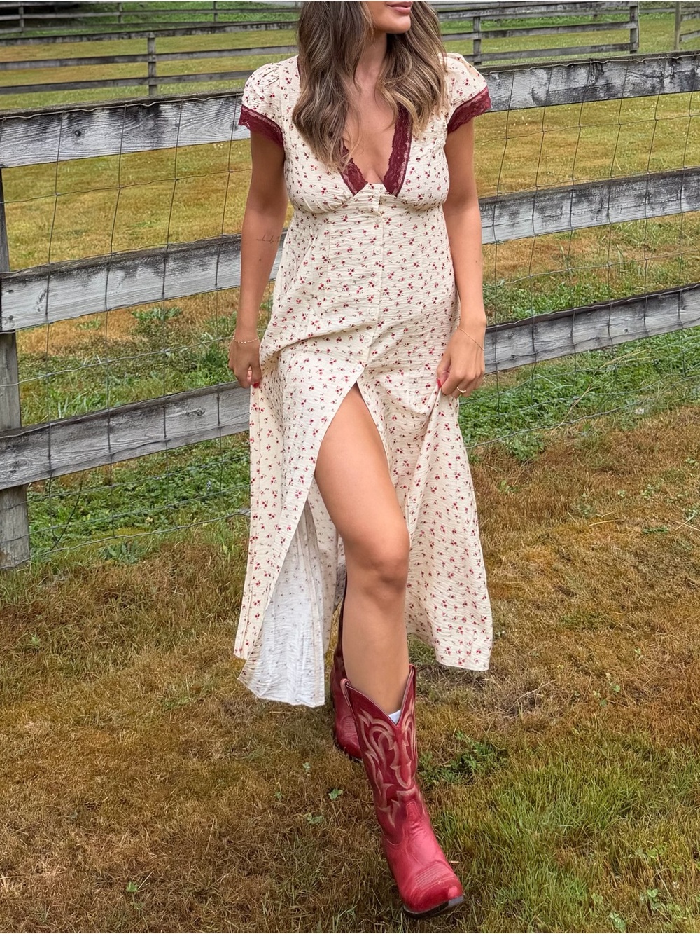 Women’s Cream Floral Maxi Nightgown with Burgundy Trim